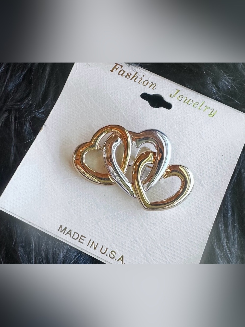 Fashionable Two Color Interlocking Heart Brooch-Gold & Silver Set of 2